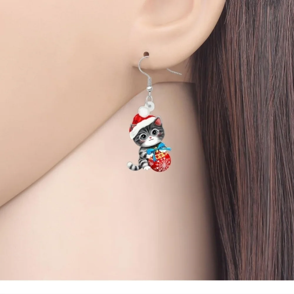 Festive Cat Earrings - Red and Gray